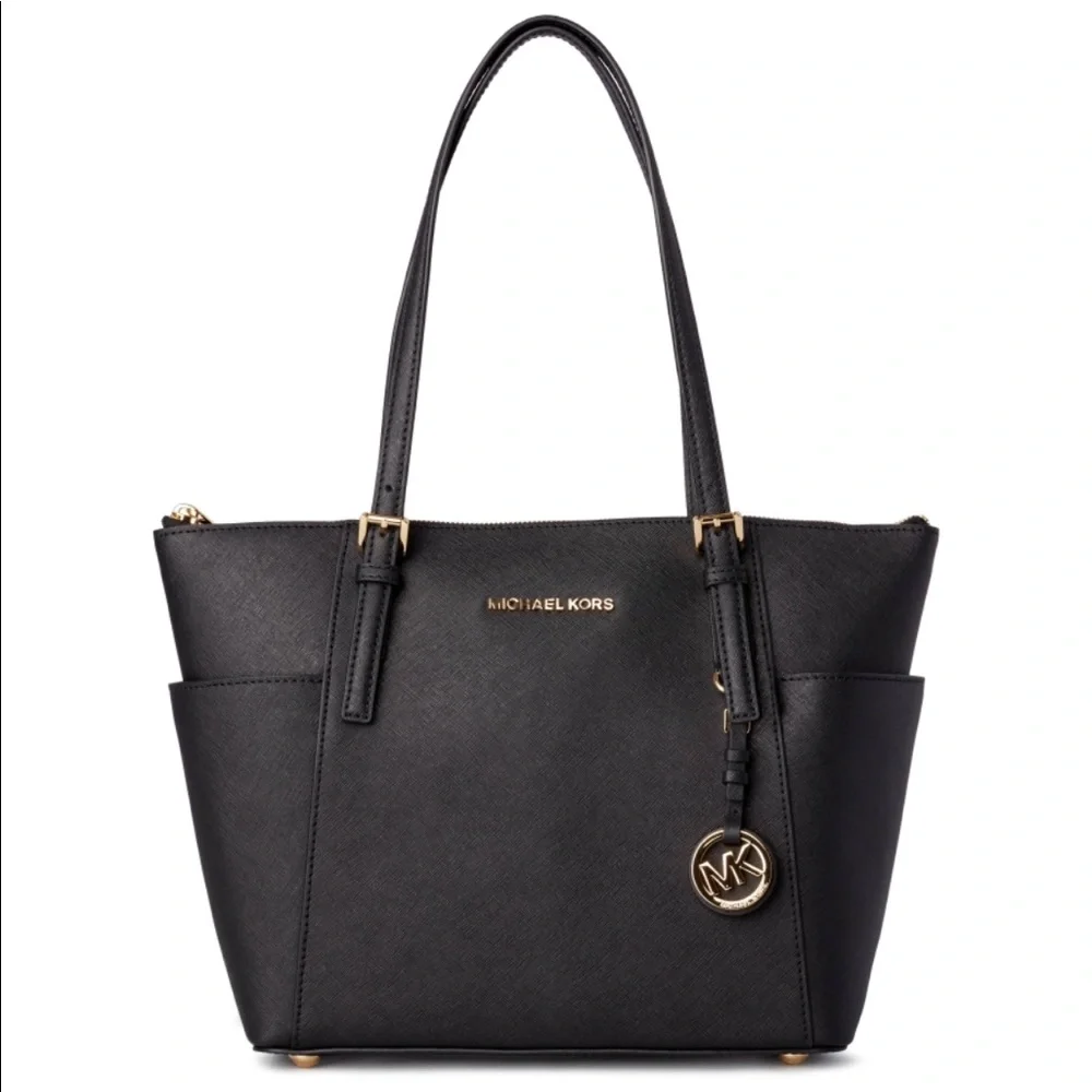 Michael Kors Black Leather Tote with Gold-Tone Logo Charm
